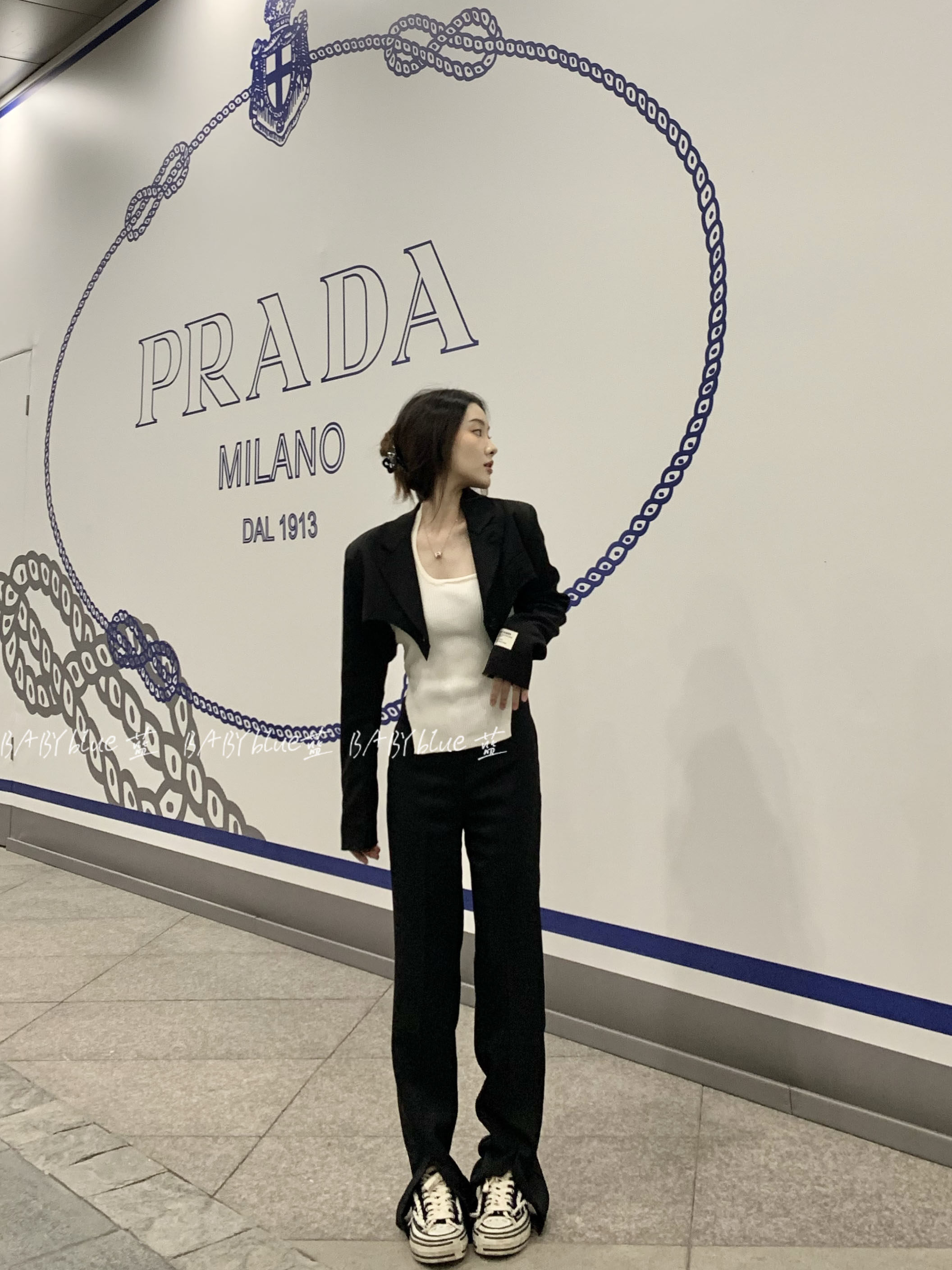 BABYblue (big long leg bi preparation) Sensation Western Dress Pants Woman High Waist Display Slim Straight Cylinder Open Fork Tug Pants Spring Autumn