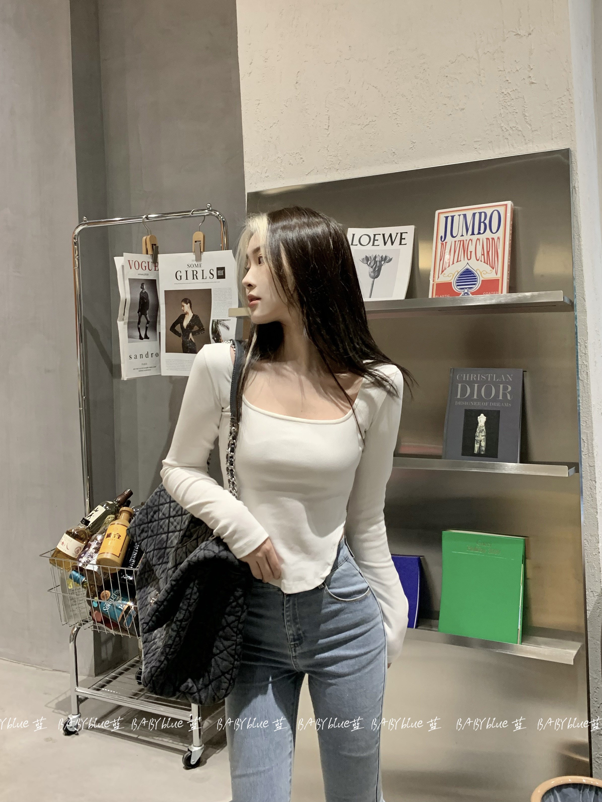 BABYblue (slimming top1) square collar slit hem arc vertical stripes base thread female slim fit