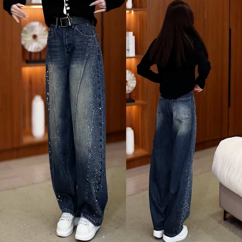 Rhinestone Narrow-Cut Small Curved Knife Jeans for Women, Spring/Summer 2026 New High-Waisted Casual Banana Pants, Loose Wide-Leg Trousers