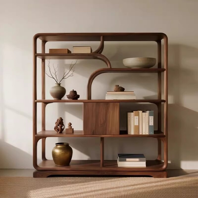 Song-Style Aesthetic Solid Wood Office Storage Rack, Black Walnut Display Shelf for Living Room, Multi-Treasure Cabinet, Display Rack for Tea Room