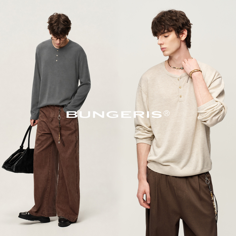 Bungeris'Wool and Mulberry Silk' Henry Collar Long Sleeve T-Shirt for Men, Autumn Loose Knitwear Base Layer Top Bungeris'Wool and Mulberry Silk' Henry Collar Long Sleeve T-Shirt for Men, Autumn Loose Knitwear Base Layer Top