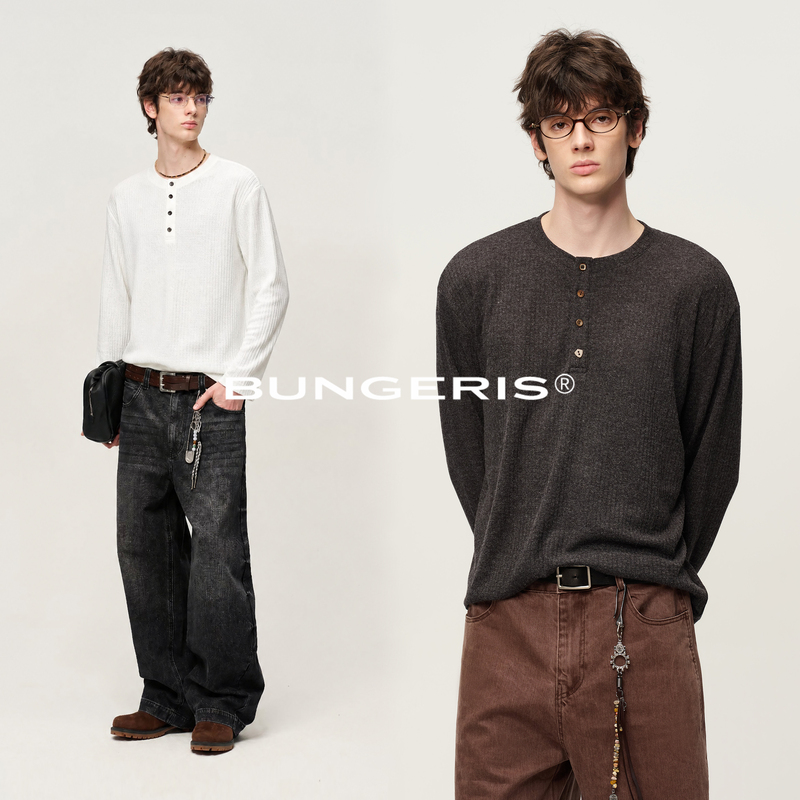 Bungeris'Genderless' Figure-Flattering, Soft, Comfortable, Loose-Fitting Henry Collar Long-Sleeve Base Shirt T-Shirt