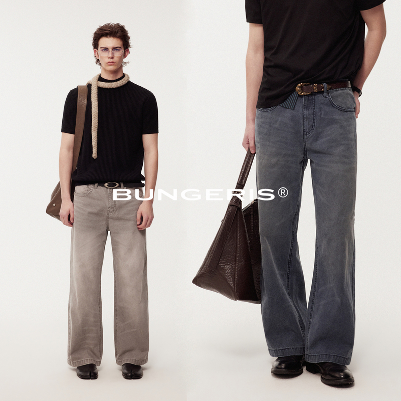 Bungeris "Japan Okayama" Natural Washed Whiskered Light Luxury Relaxed Slightly Wide Straight-Leg Jeans for Men