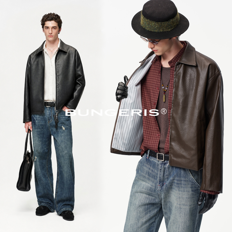 Bungeris'Elegant Old Money' Trendy High-End Lapel Leather Jacket Relaxed Lychee Pattern Leather Jacket for Men Bungeris'Elegant Old Money' Trendy High-End Lapel Leather Jacket Relaxed Lychee Pattern Leather Jacket for Men