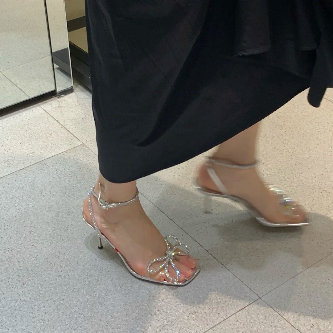 OMG blingbling water crystal shoe coarse heel and fine heel 2021 new butterfly knot water drill high heel sandal
