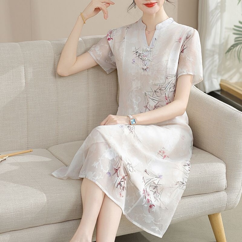 Hueq Light Luxury Fashion New Summer Short-Sleeved Cheongsam Dress New Chinese Style Elegant Slimming Dress