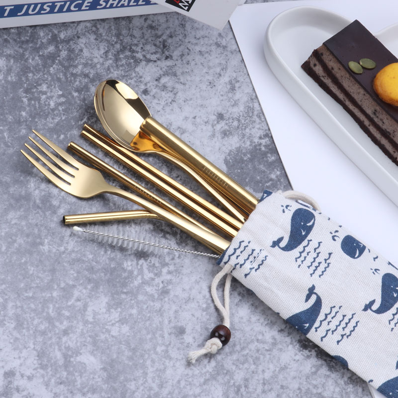 Overseas Internet celebrity environmental protection tableware 304 stainless steel straw spoon fork chopsticks seven-piece set of pearl milk tea tube