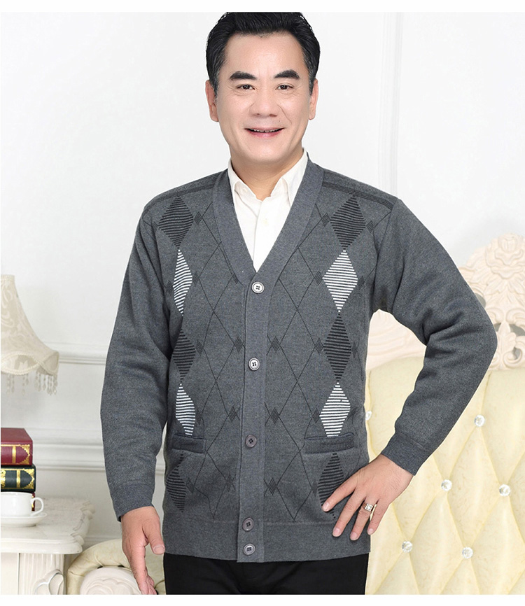 Đàn ông trung niên mùa thu đông mới cộng với áo len dệt kim nhung dày Bố mặc áo len đan cổ chữ V blazer nam