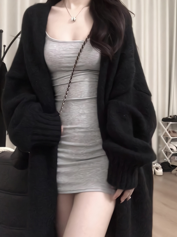 Plus Size Fat Girl Black Knitted Sweater Jacket Women's Spring New Retro Loose Lazy Style Loose Cardigan Top