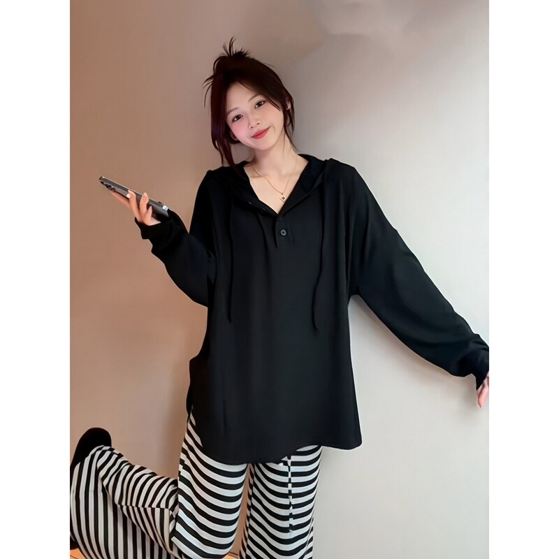 Plus Size Women's Black Hooded Mid-Length Top That Covers the Buttocks, New Autumn Sweatshirt, Loose Long-Sleeved T-Shirt for Fat Girls Plus Size Women's Black Hooded Mid-Length Top That Covers the Buttocks, New Autumn Sweatshirt, Loose Long-Sleeved T-Shirt for Fat Girls