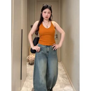 Plus-Size Hot Girl Halter Neck Design Camisole Women's Summer Outerwear Slim Fit Slimming Orange Sleeveless Top