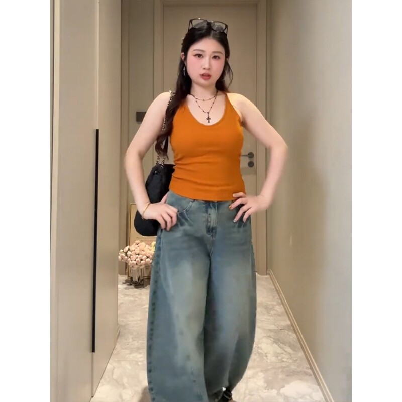 Plus-Size Hot Girl Halter Neck Design Camisole Women's Summer Outerwear Slim Fit Slimming Orange Sleeveless Top Plus-Size Hot Girl Halter Neck Design Camisole Women's Summer Outerwear Slim Fit Slimming Orange Sleeveless Top