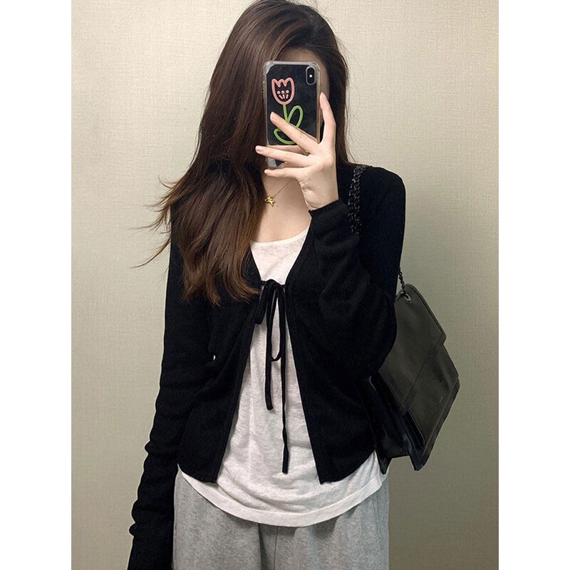 Plus Size Fat Girl Black V Neck Lace-Up Knitted Cardigan Women's Spring and Summer New Slim Fit Short Sun Protection Jacket