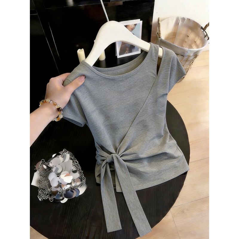 Plus-Size Korean-Style Tie-Up Irregular Short-Sleeve T-Shirt for Women, Summer Waist-Cinching Niche Design Slimming Gray Top