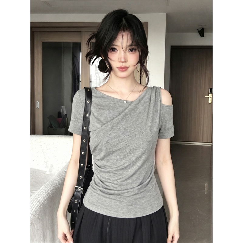 Plus-Size Hot Girl Style Gray Ruched Waist-Cinching Off-Shoulder Short-Sleeve T-Shirt for Women, Summer Slim-Fit Versatile Top