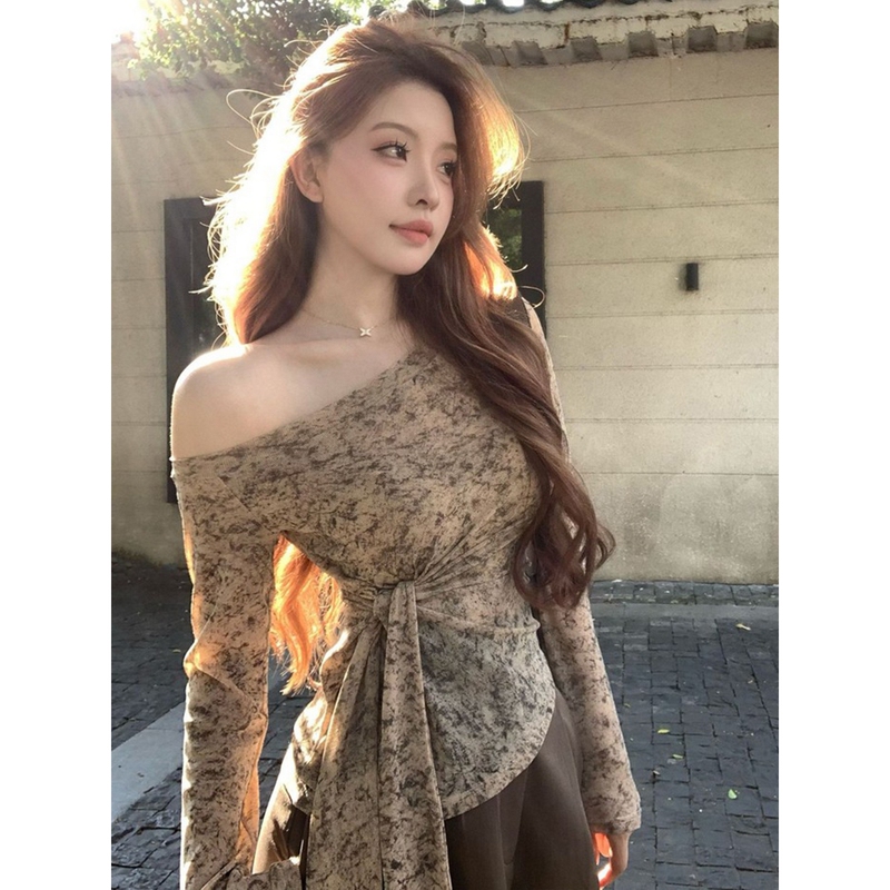 Plus Size Off-Shoulder Tie-Up Long-Sleeve Knit Top for Women, Early Autumn, Chic and Sophisticated Inner Wear