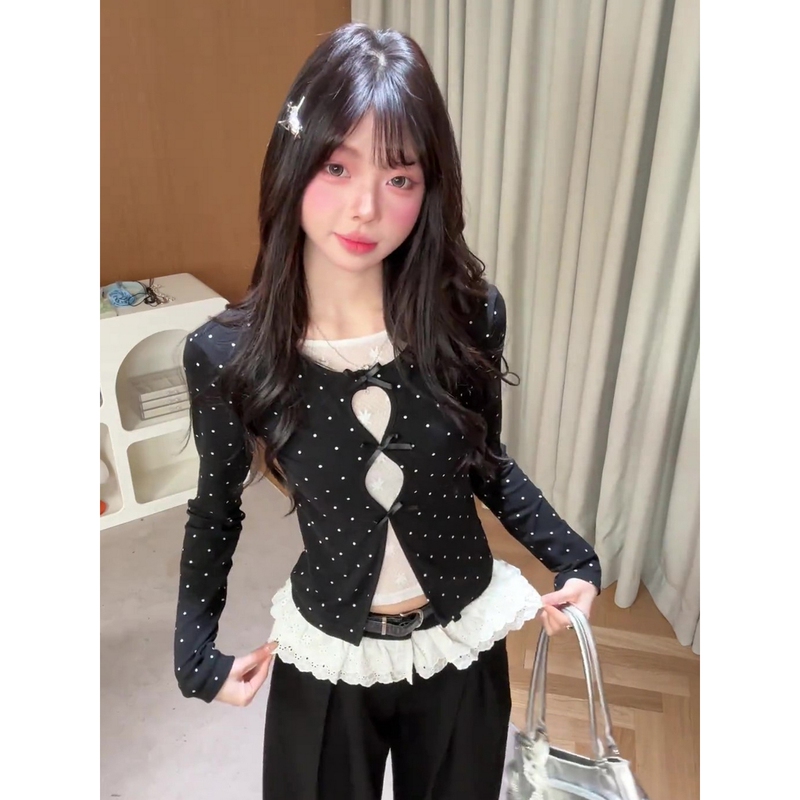 Plus Size French-Style Polka Dot Long-Sleeve T-Shirt for Women, Spring Vacation Two-Piece Lace Splicing Slim-Fit Top