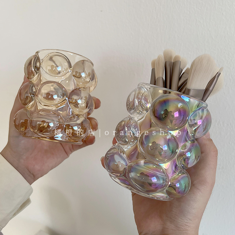 Orange Orange South Korea Ins Wind Glass Makeup Brush Barrel Containing Bucket Eyebrow Pen Holder Minima Tabletop Pendulum pen holder Office-Taobao