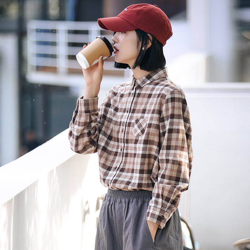 Exclusively Woven Waffle Fabric, Color-Woven Brushed Plaid, All-Cotton, Suitable for Layering, Warm Shirt, Women's Blouse, Top for Spring Exclusively Woven Waffle Fabric, Color-Woven Brushed Plaid, All-Cotton, Suitable for Layering, Warm Shirt, Women's Blouse, Top for Spring