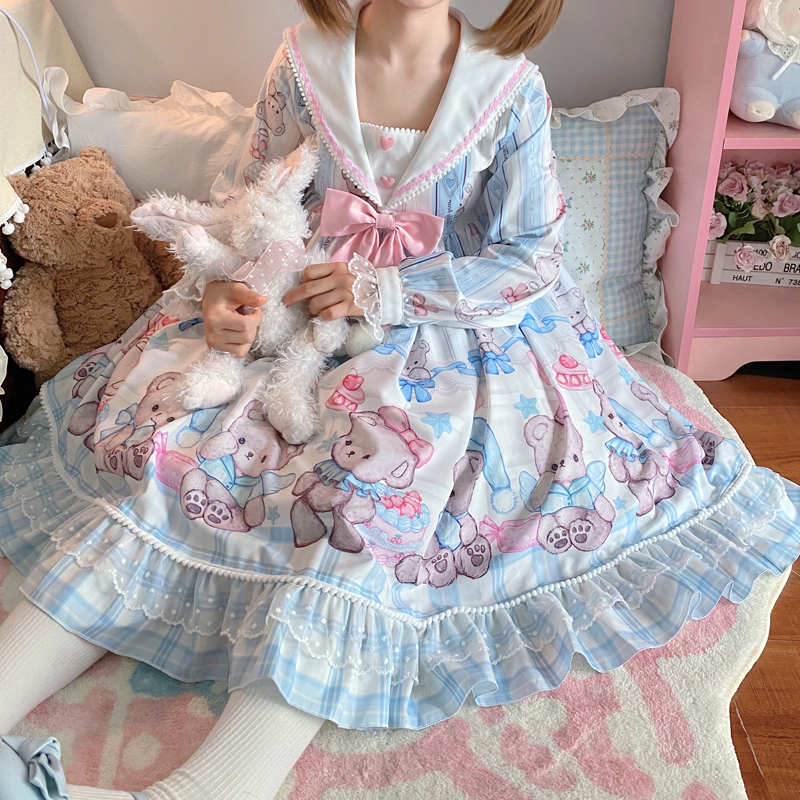 Vestido relaxante de urso kawaii, bordado de urso, lolita, rilukkuma, saia  geral, chapéu, kawaii japonês, roupas fofas, saias harajuku - AliExpress