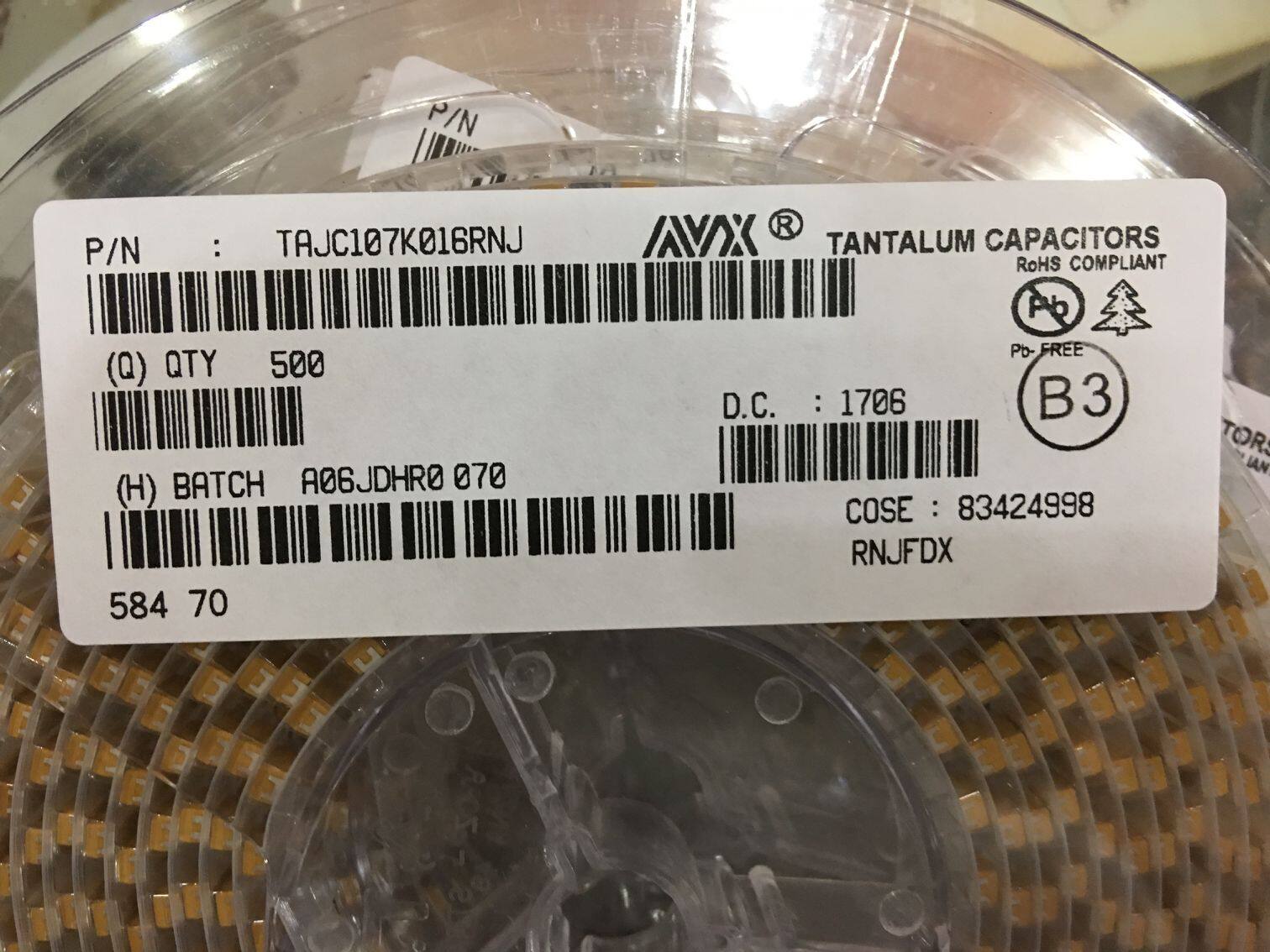 Tantalum Capacitor Yellow 6032 TAJC107K016RNJ 16V 100UF Type C 10% 107C 2312 C