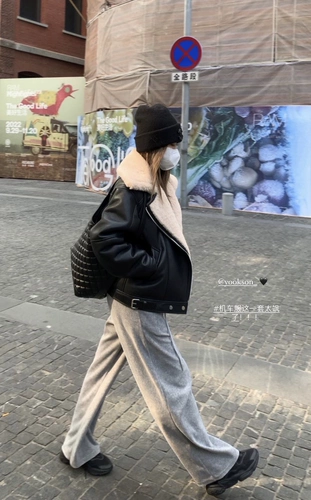 Heygirl Black Brother Boston Evening News Big Lape Mao Mao Splicing Motorcle Service Женский зимний ветровый стек и теплый кожаный курт