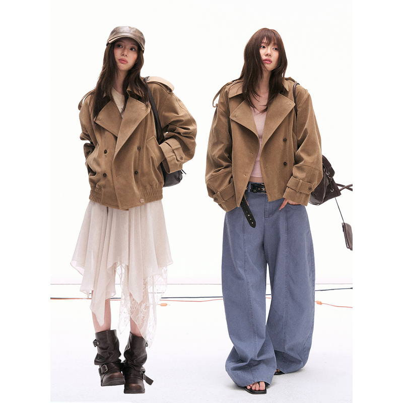 Heygirl Black Brother Brown Tone Vintage Film Soft Misty Retro Washed Suede Distressed Lapel Double-Breasted Jacket Coat