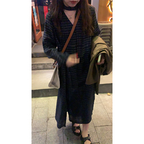 HEYGIRL black elder brother design sense v collar neck ribbon long sleeve dress female 2021 temperament split Medium-length dress