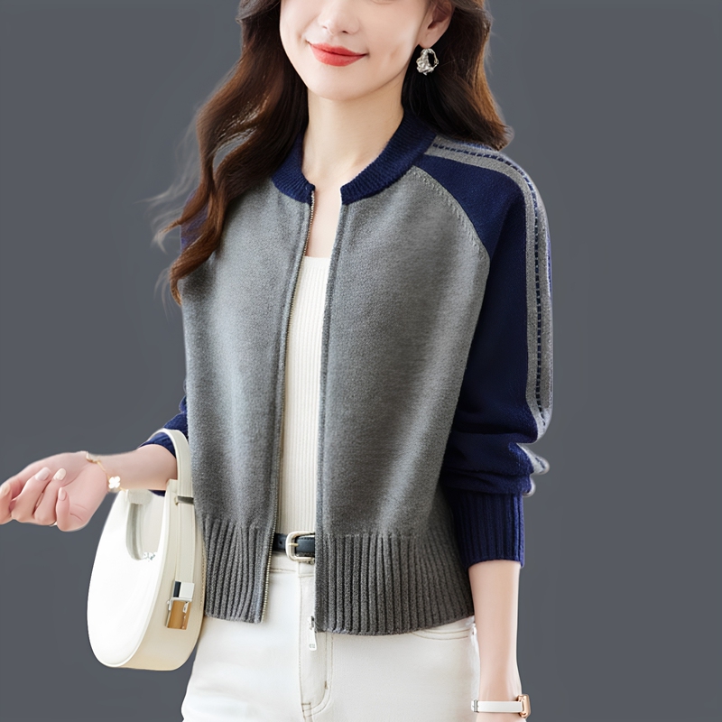 Ordos City Short Baseball-Style Knitted Cashmere Sweater for Women, 2026 Spring and Autumn, Petite Zip-Up Cardigan Jacket