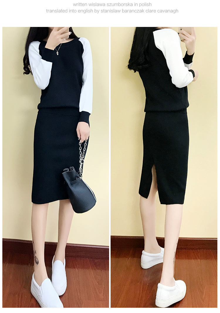 Thời trang phù hợp với váy nữ mùa thu đông mới áo len dài tay Hàn Quốc + váy eo cao váy liền hai dây bộ mặc nhà