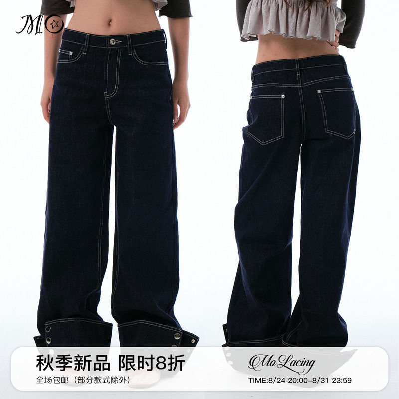 Molacing Retro Workwear Loose Straight-Leg Jeans with Cuffed Cuffs, Buttoned Hem, Low Waist, Structured Casual Wide-Leg Pants