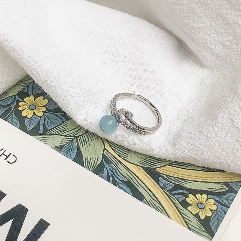 OARVA natural crystal sea blue treasure bestie ring female pair 925 pure silver opening with adjustable frosty wind silver ring