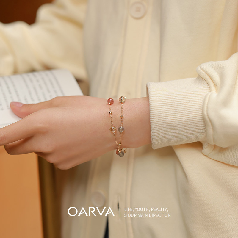 Natural Strawberry Crystal Crystal Handmade Woman Original Design 14k Bag Gold Do Not Drop Color Double Layer Grey Moonlight Hand String Cute