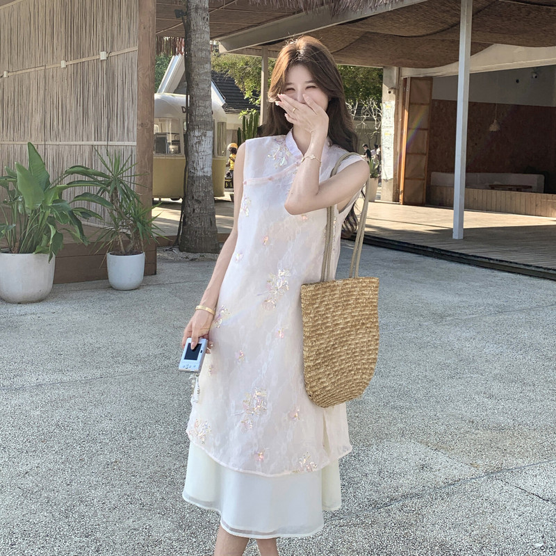 Summer Mid-Length Floral Fairy-Style Embroidered Lace Chinese-Style Fairy Dress with Stand Collar, Sleeveless Dress for Women