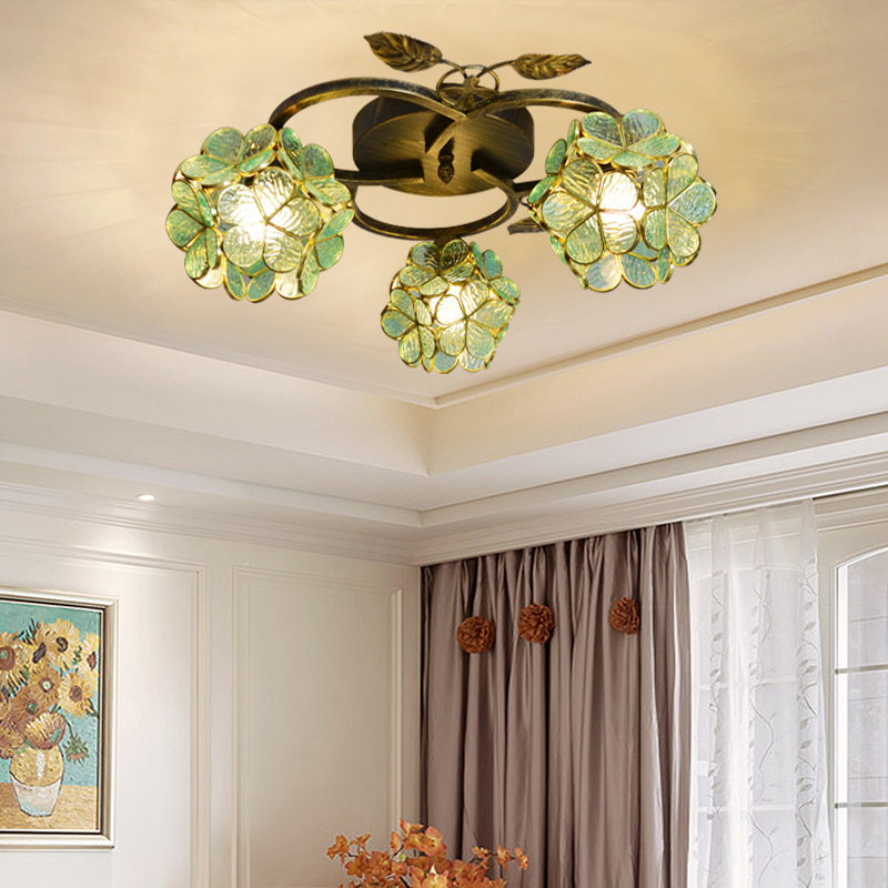 European and American Retro Style Children's Bedroom, Dining Room, Living Room, Study, Simple Mediterranean Art Glass Three-Head Creative Ceiling Lamp