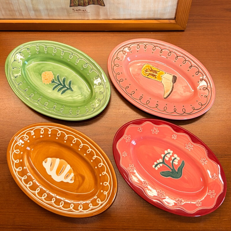 Italian Ceramic Oval Plate with Green Floral Relief, Home Tableware, Sweet Style