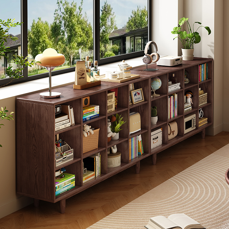 Ash Wood Solid Wood Low Bookcase Storage Cabinet Integrated Wall-Mounted Home Living Room Floor-Standing Shelf Storage Grid Bookshelf