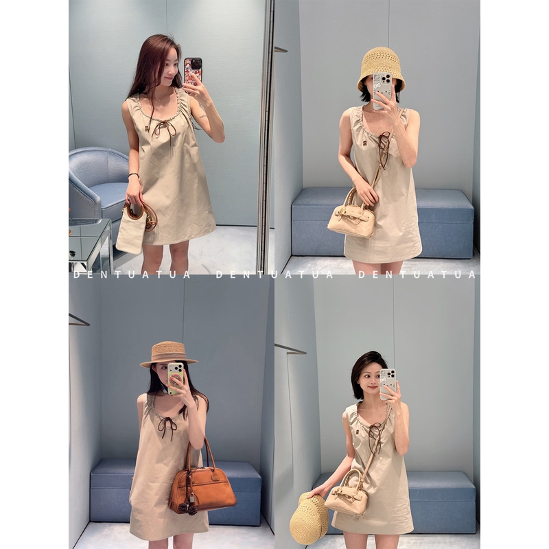 Dentuatua “The Refreshing Feeling of First Love”! 26Ss Letter Embroidered Tie-Up Sleeveless A-Line Dress