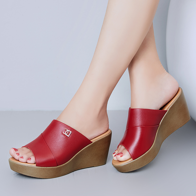 Genuine Leather Outer Wear Wedge-Heeled Sandals, New Summer Style Women's Slip-On Sandals, Women's Thick-Soled Lightweight High-Heeled Cowhide Slippers