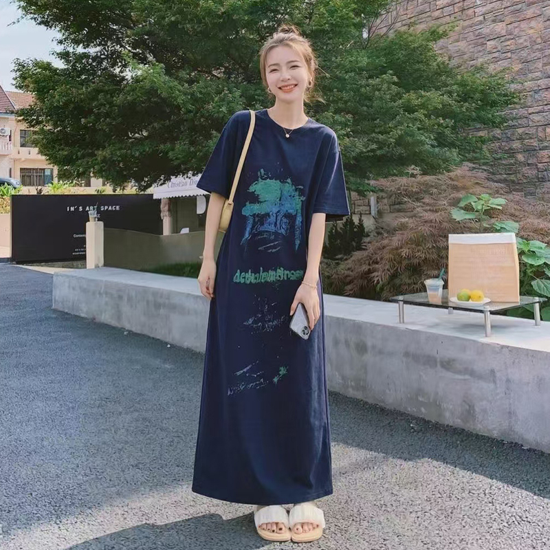 Korean Style Casual Plus-Size Dress for Women, Summer Loose Fit for Plus-Size Women, Pregnant Women, Slimming for Tall Individuals, Long Short-Sleeve T-Shirt Dress