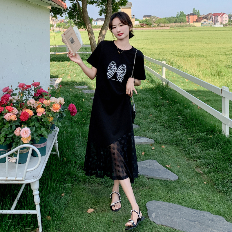 Black Plus-Size Dress for Women, Summer Loose Fit, Slimming, Tummy-Concealing, Age-Reducing, Patchwork Long T-Shirt Fishtail Dress