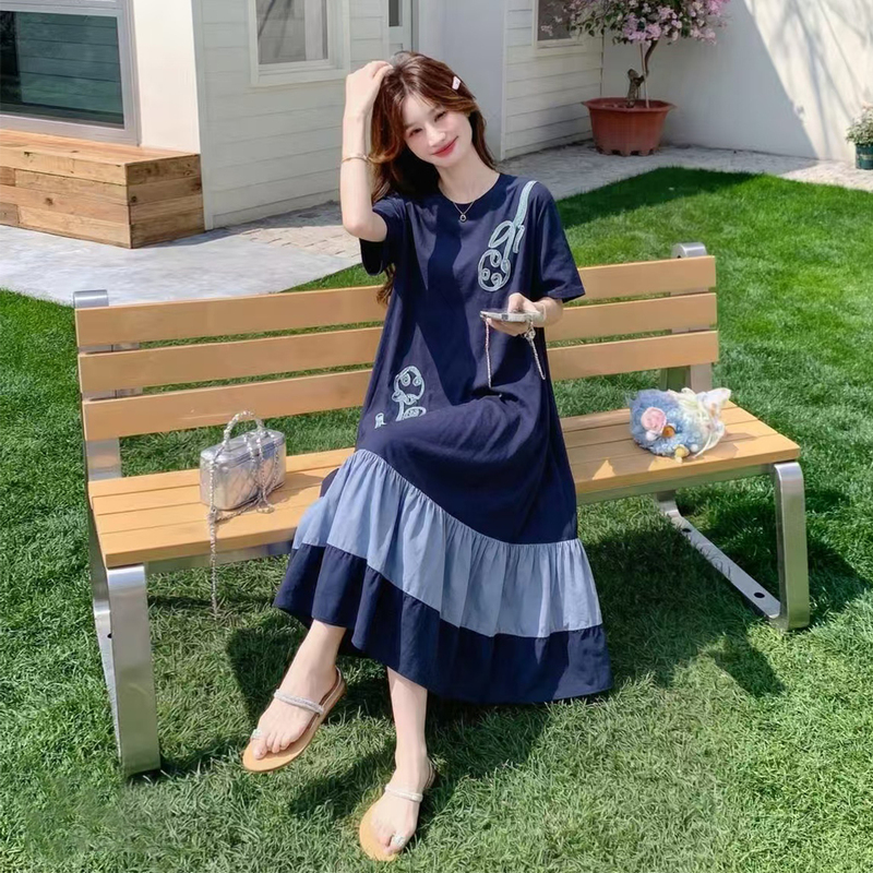 Super Stylish and Elegant Blue Patchwork Plus-Size Dress for Summer, Slimming Loose Casual Maternity Long T-Shirt Dress
