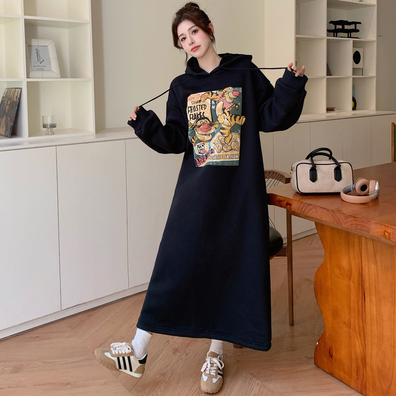 Very Nice-Looking Casual Plus-Size Dress for Women, Suitable for Spring and Autumn, for Chubby Women, Slimming, Maternity Wear, Belly-Covering, Hooded Cartoon Long-Sleeve Sweatshirt Dress