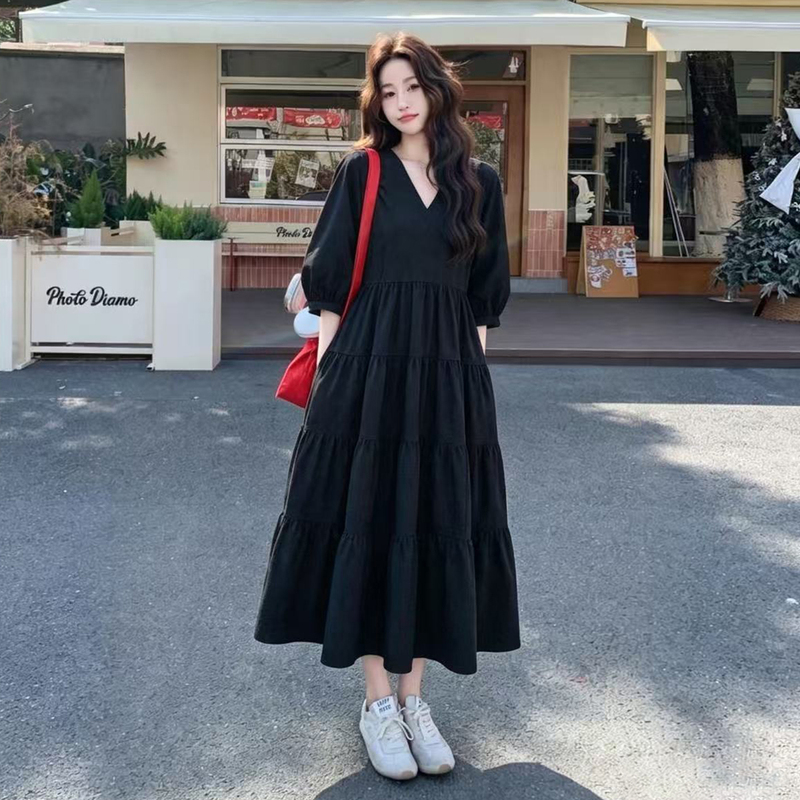 Super Nice-Looking Casual Plus-Size Dress for Women in Summer, Loose and Slimming for Pregnant Women, Belly-Covering, Three-Quarter Sleeves, Black Long Dress