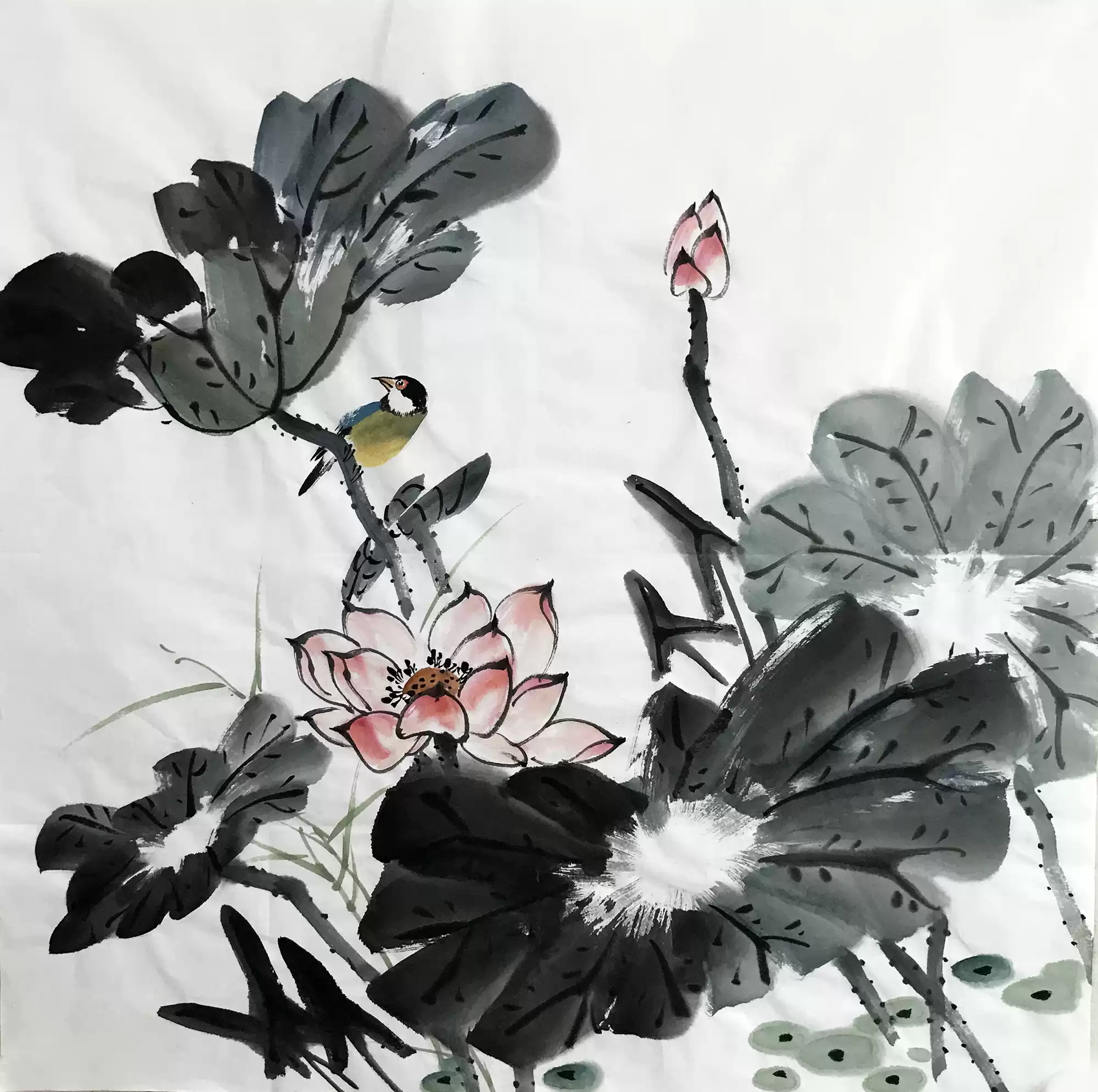 荷花水墨国画墙画四尺斗方无框手绘宣纸画新中式风格