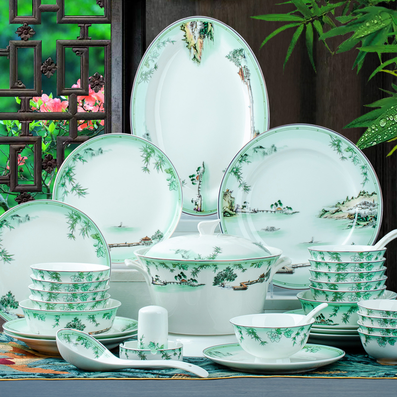 Dishes and Bowls Set for Home Use, Jingdezhen Bone China Tableware, Plates, Ceramic Rice Bowls, Chopsticks, Complete Set, Housewarming 2024 New Model Bowlware
