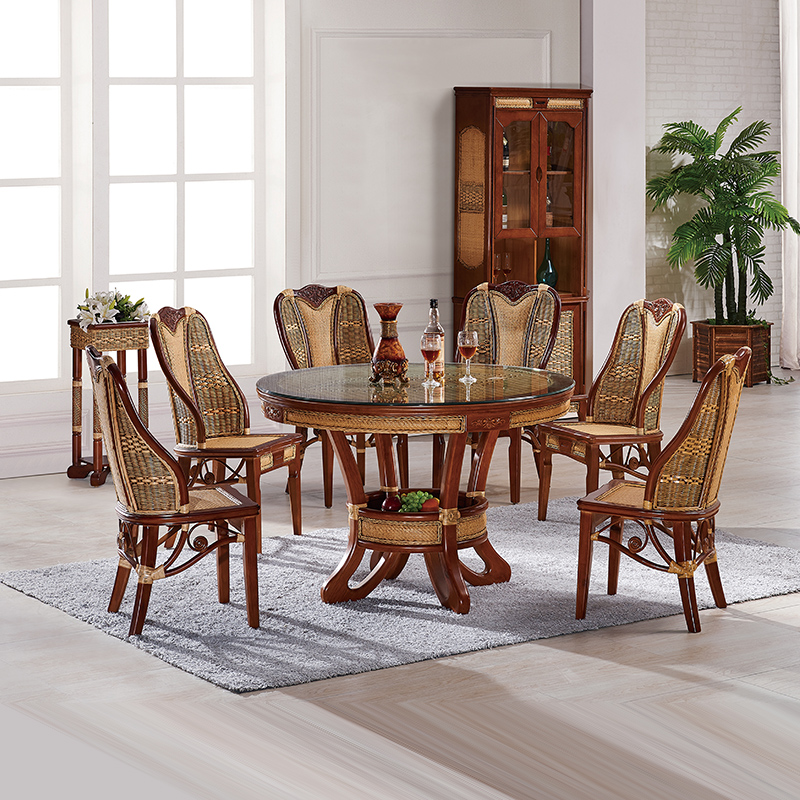 Rattan dining table and chair combination round table six people 4 people solid wood rattan art complete set of furniture dining room natural real rattan dining table and chairs