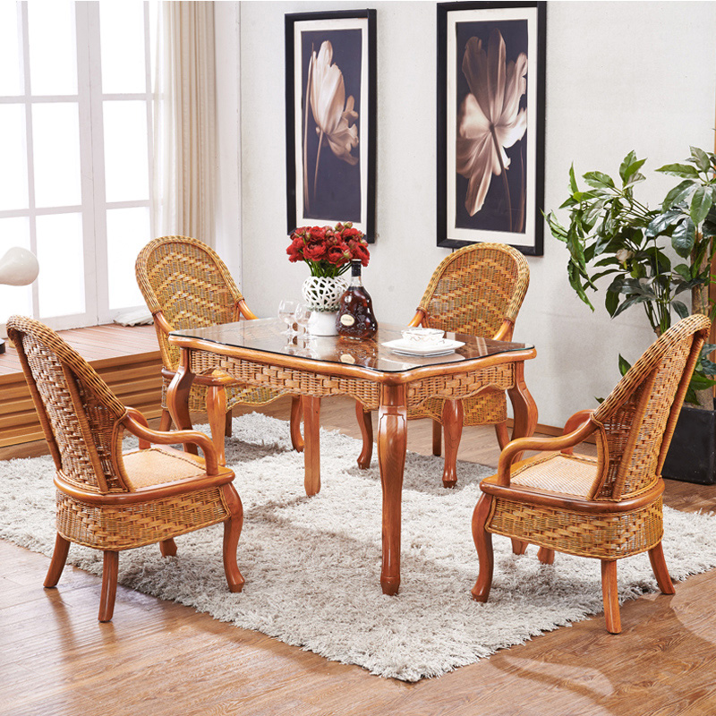 Rattan dining table and chair combination home natural rattan rectangular solid wood modern simple dining chair 4 people 6 people rattan furniture