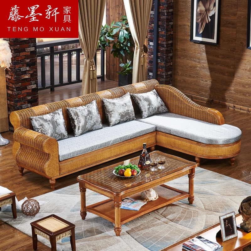 Rattan sofa combination living room small apartment corner real rattan furniture Teng strip woven coffee table Teng sofa three-person rattan art