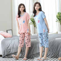 XXXXXL pajamas thin summer ladies cotton short sleeve Capri pants pajamas women cotton plus fat home suit